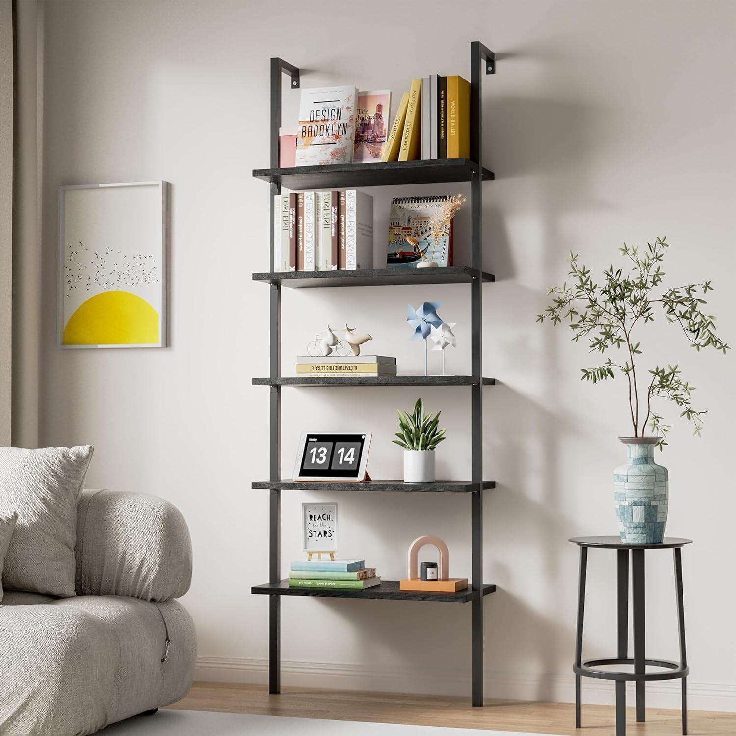 5-Tier Bookshelf Wall Mount Ladder Bookcase Industrial Standing Corner Bookshelf with Wood Board and Metal Frame, Modern Tall Narrow Storage Organizer for Home Office (Black, 1 Piece)