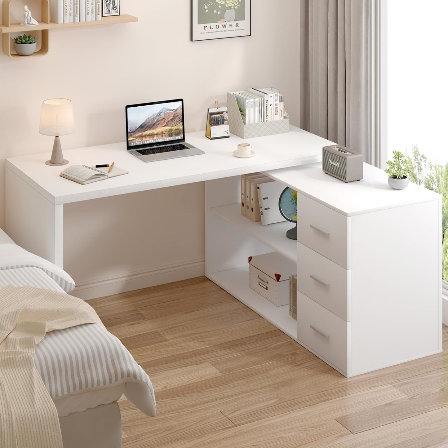 White L-Shaped Computer Desk with 3 Drawers and 2 Shelves, Reversible Home Office Corner Desk for Writing Study Work Executive, 55 Inch Bedroom Wood Table Workstation Desk with Storage Cabinet