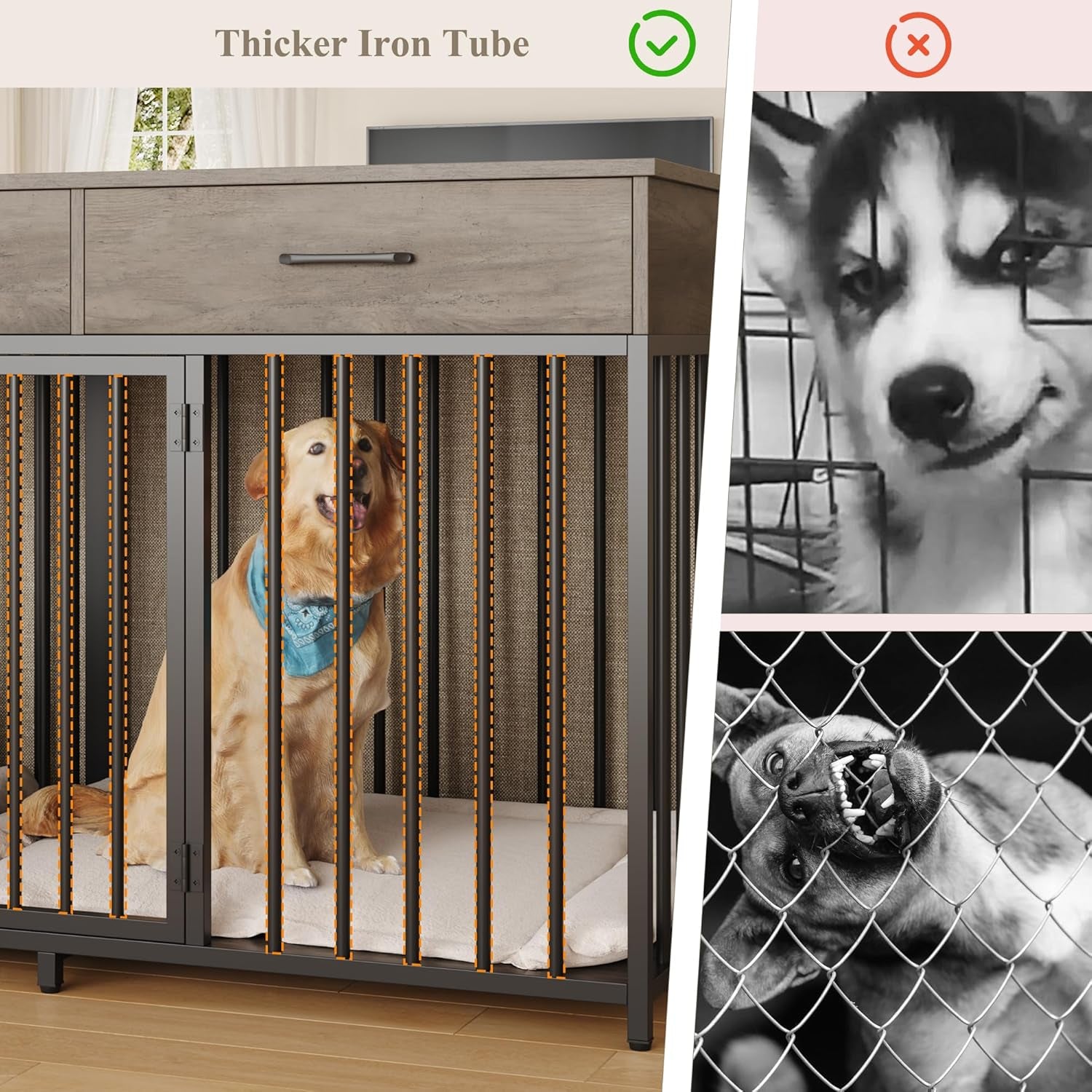 Double Dog Crates Furniture, 71" Wide Indoor Dog Kennel with 3 Drawers, Farmhouse Dog Cage for 2 Large/Medium Dogs, Heavy Duty Dog Crate with Removable Divider, Wooden Pet House, Ash Grey