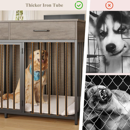 Double Dog Crates Furniture, 71" Wide Indoor Dog Kennel with 3 Drawers, Farmhouse Dog Cage for 2 Large/Medium Dogs, Heavy Duty Dog Crate with Removable Divider, Wooden Pet House, Ash Grey