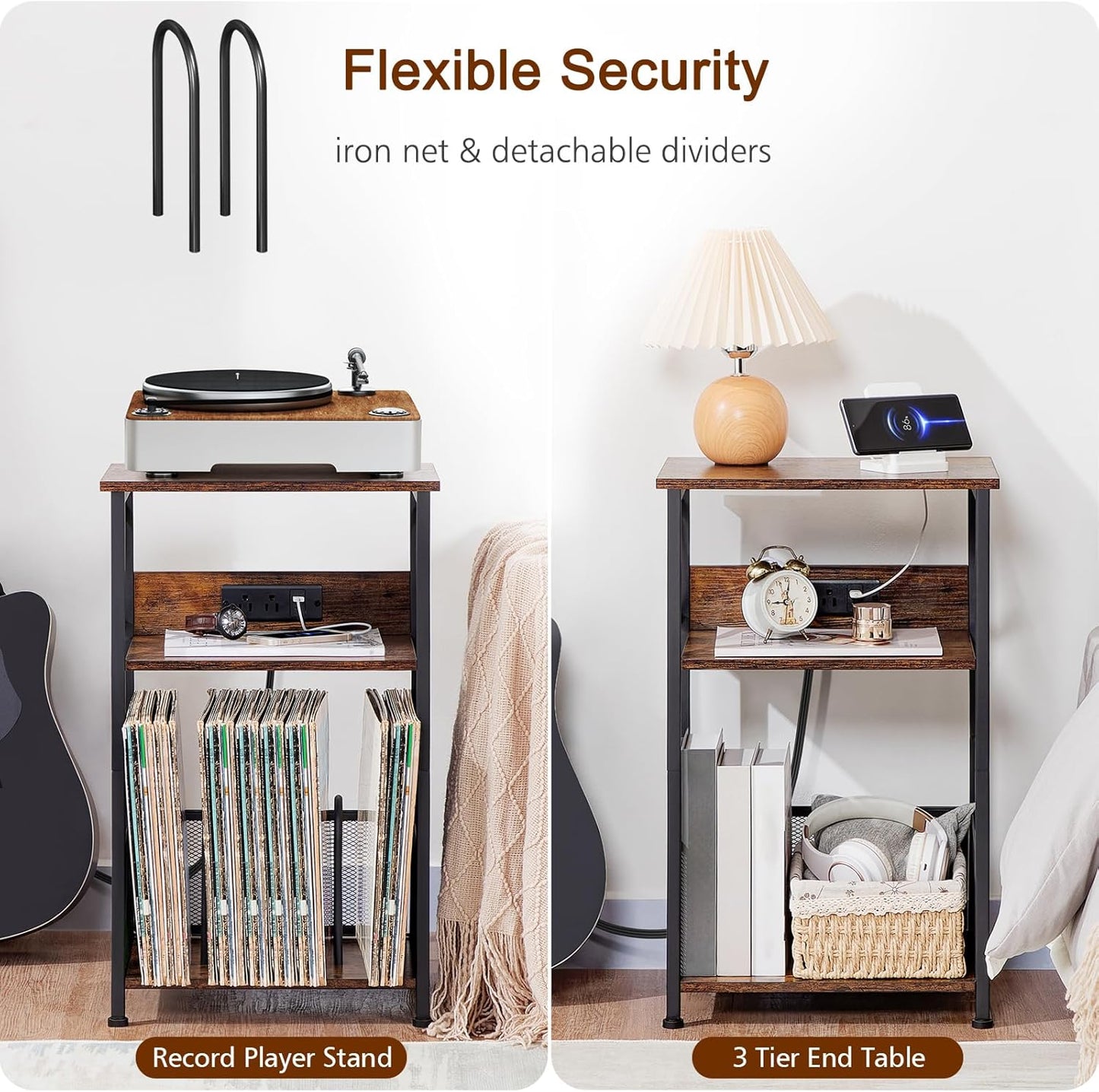 Record Player Stand with Charging Station, Turntable Stand with Storage Cabinet, 3 Tier End Table Hold up to 100 Albums, Record Table for Vinyl, Living Room, Rustic Brown, HETCD01BR-1