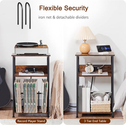 Record Player Stand with Charging Station, Turntable Stand with Storage Cabinet, 3 Tier End Table Hold up to 100 Albums, Record Table for Vinyl, Living Room, Rustic Brown, HETCD01BR-1