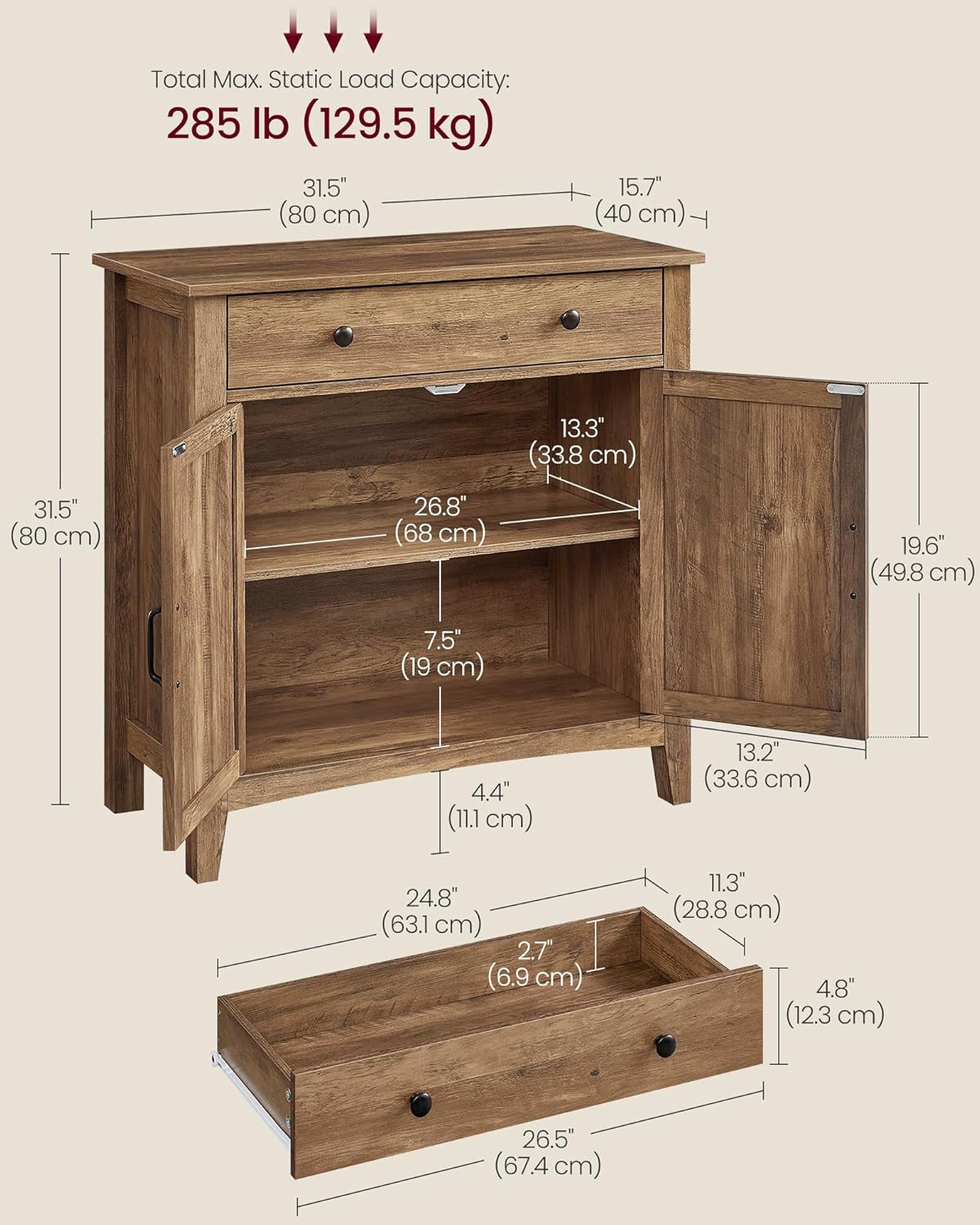 LIRY Collection - Buffet Cabinet, Coffee Bar Cabinet with 2 Drawers, Adjustable Shelves, Sideboard Storage with Cable Holes, Drawer Dividers, Honey Brown UBBK381K01
