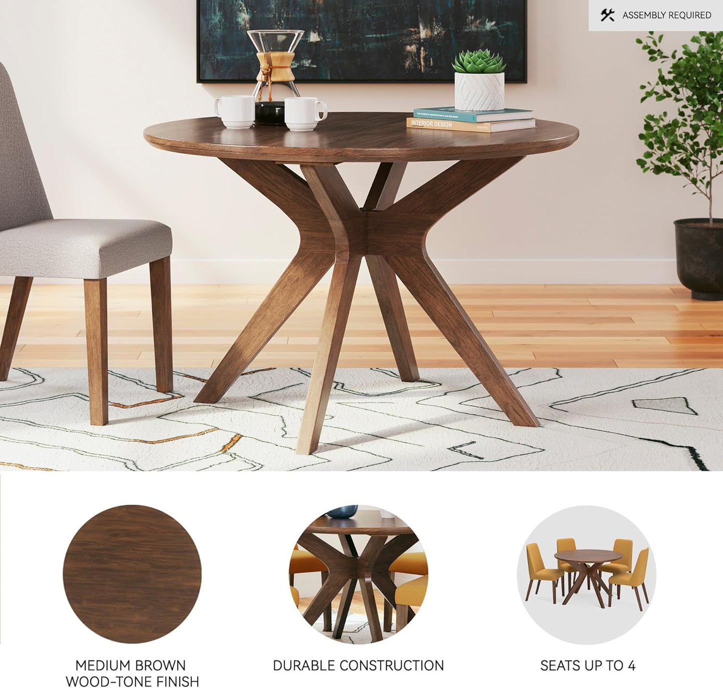 Lyncott Traditional round Dining Room Table, Seats up to 4, Brown