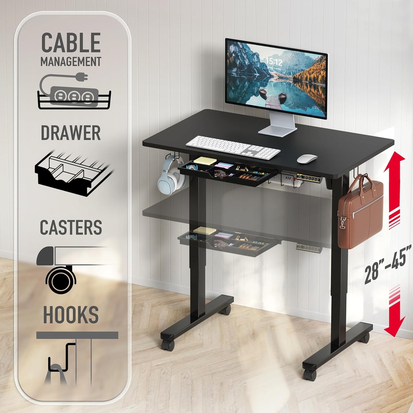 40-Inch Mobile Electric Height Adjustable Sit to Stand Desk with Drawer, Hanging Hooks and Cable Management, Black