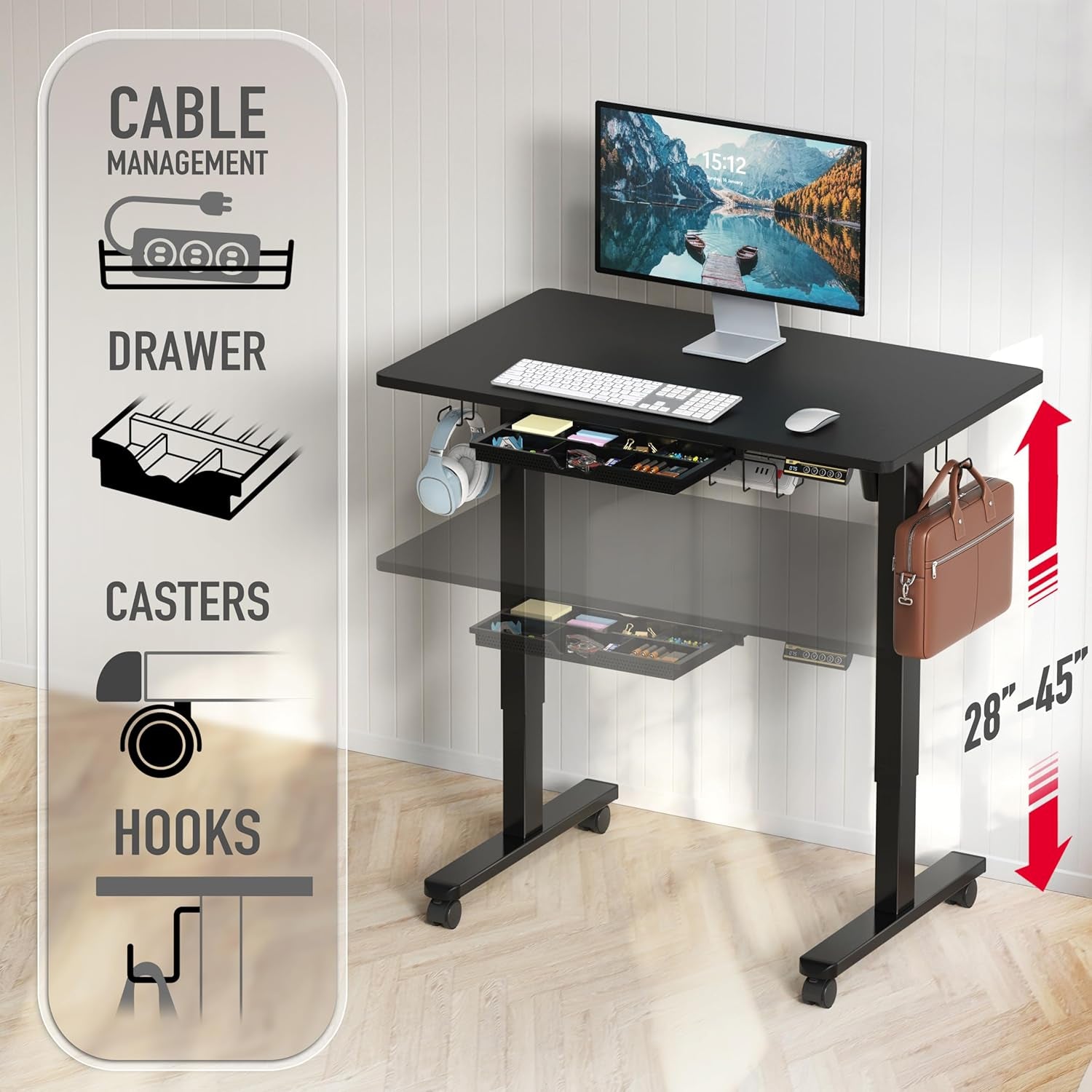 40-Inch Mobile Electric Height Adjustable Sit to Stand Desk with Drawer, Hanging Hooks and Cable Management, Black