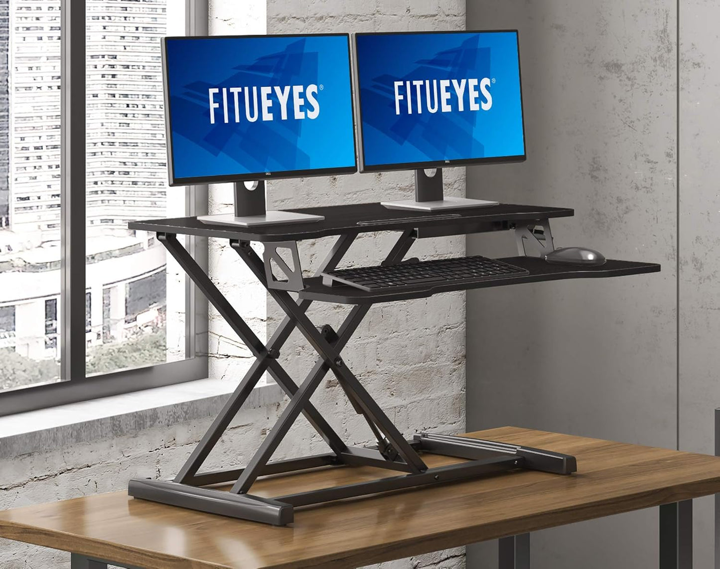 Height Adjustable Standing Desk 32” Wide Sit to Stand Converter Stand up Desk Tabletop Workstation for Dual Monitor Riser FSD308001WB