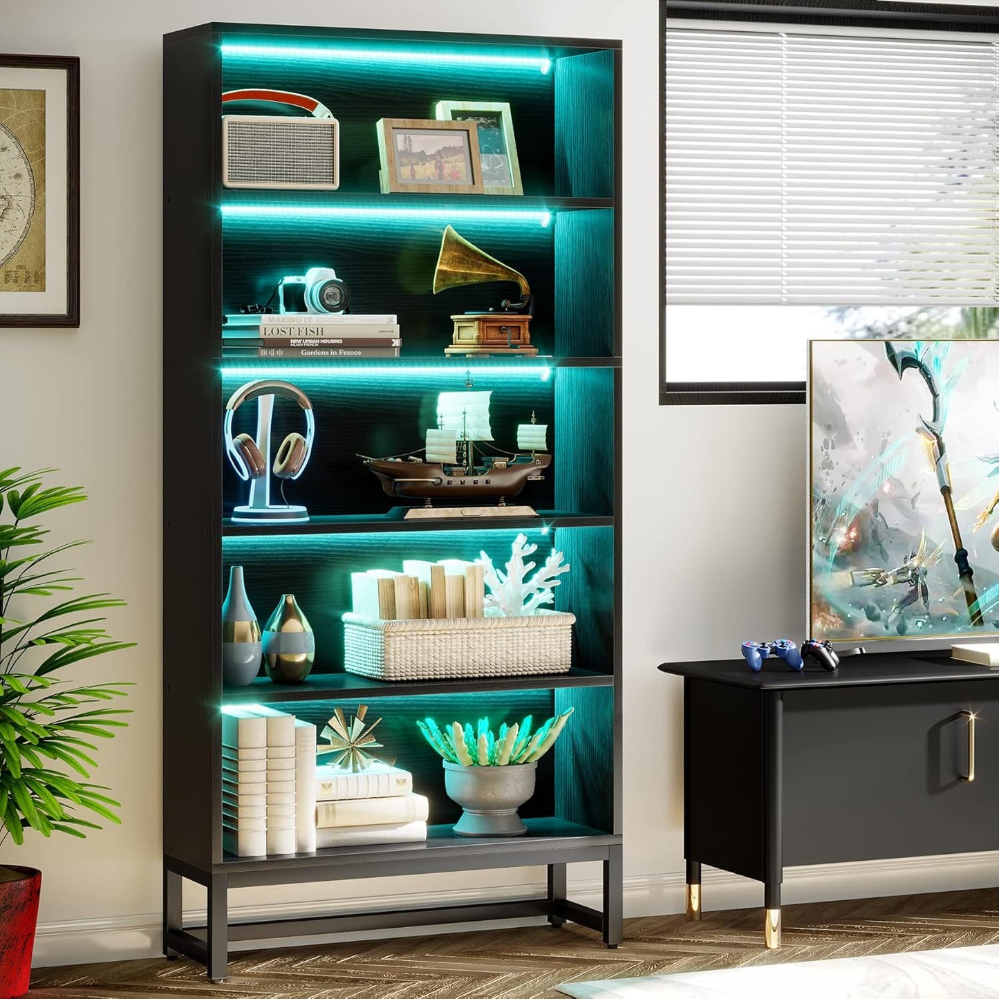 Tall Bookcase Black Bookshelf, 70.8” Large Bookcases Organizer with LED Lights, Heavy Duty Free-Standing Library Bookshelf with 5-Tier Storage Shelves for Living Room, Bedroom (Black)