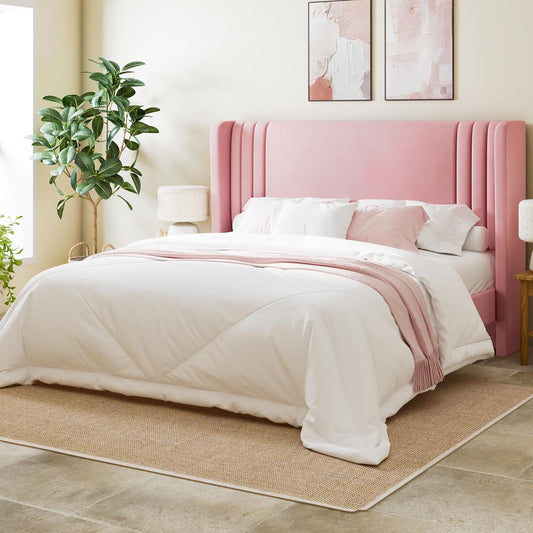 Full Size Velvet Platform Bed Frame with Vertical Tufted Wingback Headboard, Easy Assembly, under Bed Storage, No Box Spring Required, Modern Style, Pink