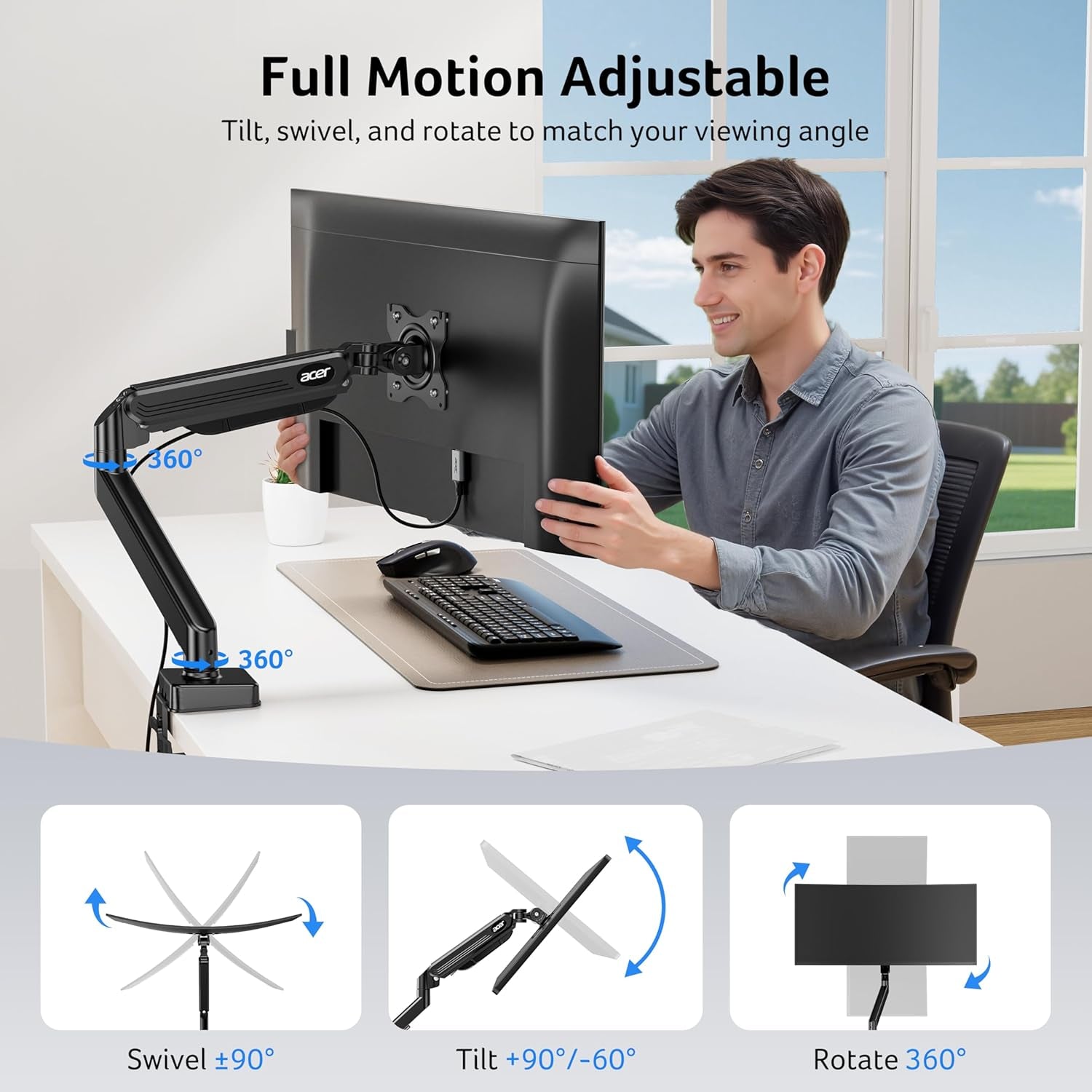 Single Monitor Mount, Fully Adjustable Monitor Arm Fits 17 to 34 Inch Screens, Gas Spring VESA Mount with C-Clamp & Grommet Base, Computer Desk Arm with Tilt Swivel Rotate Supports 4.4-19.8 Lbs
