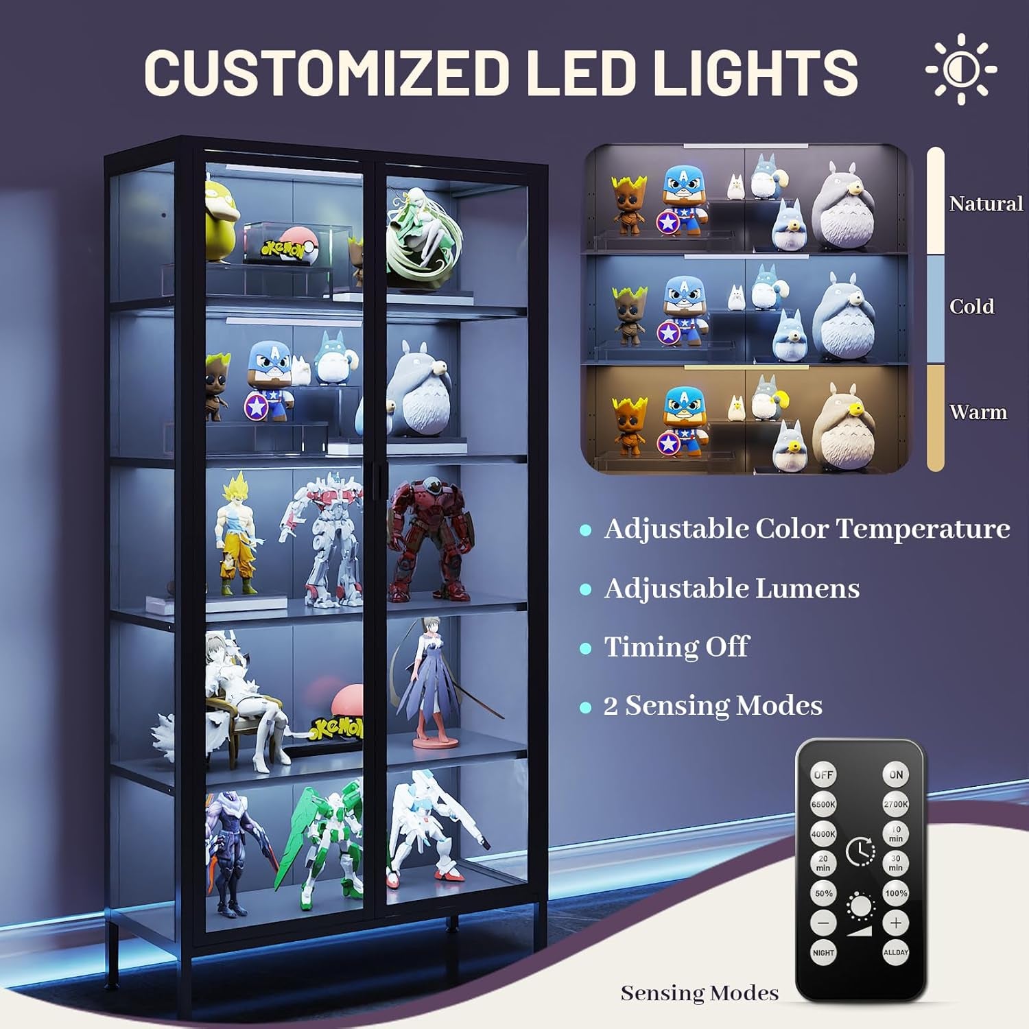 71" H Display Cabinet with Glass Doors,Display Case with LED Sensor Lights,Glass Display Cabinet with Adjustable Shelves and Feet,Display Cabinets for Living Room/Bedroom/Kitchen