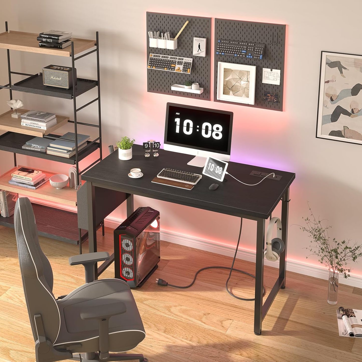 39 Inch Computer Desk with Power Outlet, 40 Inch Teen Study Table Home Office Work Writing Desks with Charging Station Outlets Built In, Black