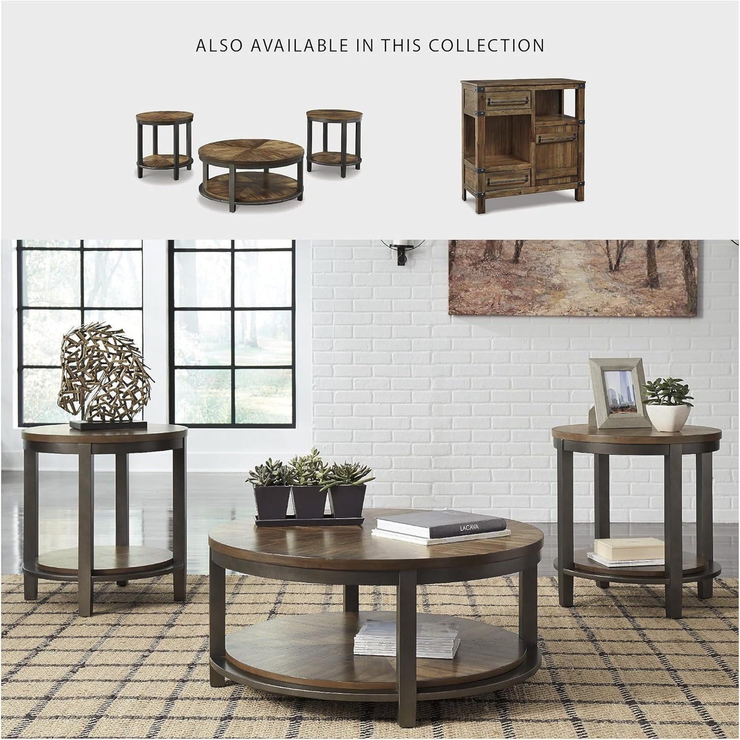 Roybeck Rustic round 3-Piece Table Set, Includes 1 Coffee Table and 2 End Tables with Fixed Shelf, Light Brown