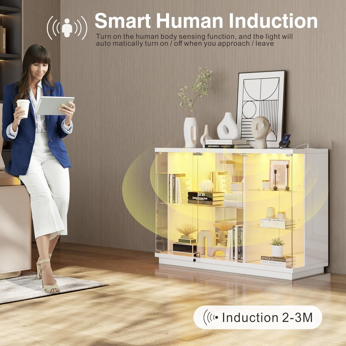 Glass Display Cabinet with Lock & LED Light, High Gloss Sideboard with Human Body Sensor & Glass Shelves for Toys, Books, Collectibles, Liquor, Bookcase for Living Room, Kitchen, Study, White