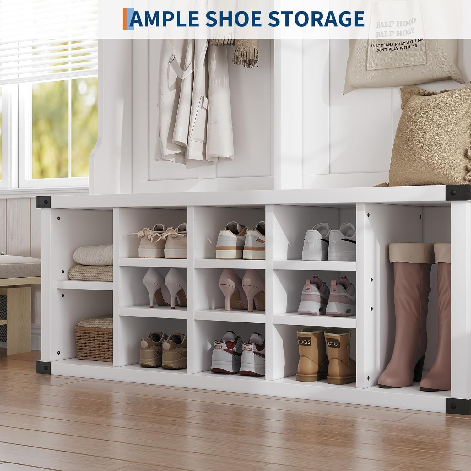 Hall Tree with Bench and Shoe Storage, 4-In-1 Tall Wood Farmhouse Entryway Bench Coat Rack, Adjustable Shelf, Open Mudroom with Metal Corner Protect, 5 Tri-Hooks for Hallway, Bedroom, White
