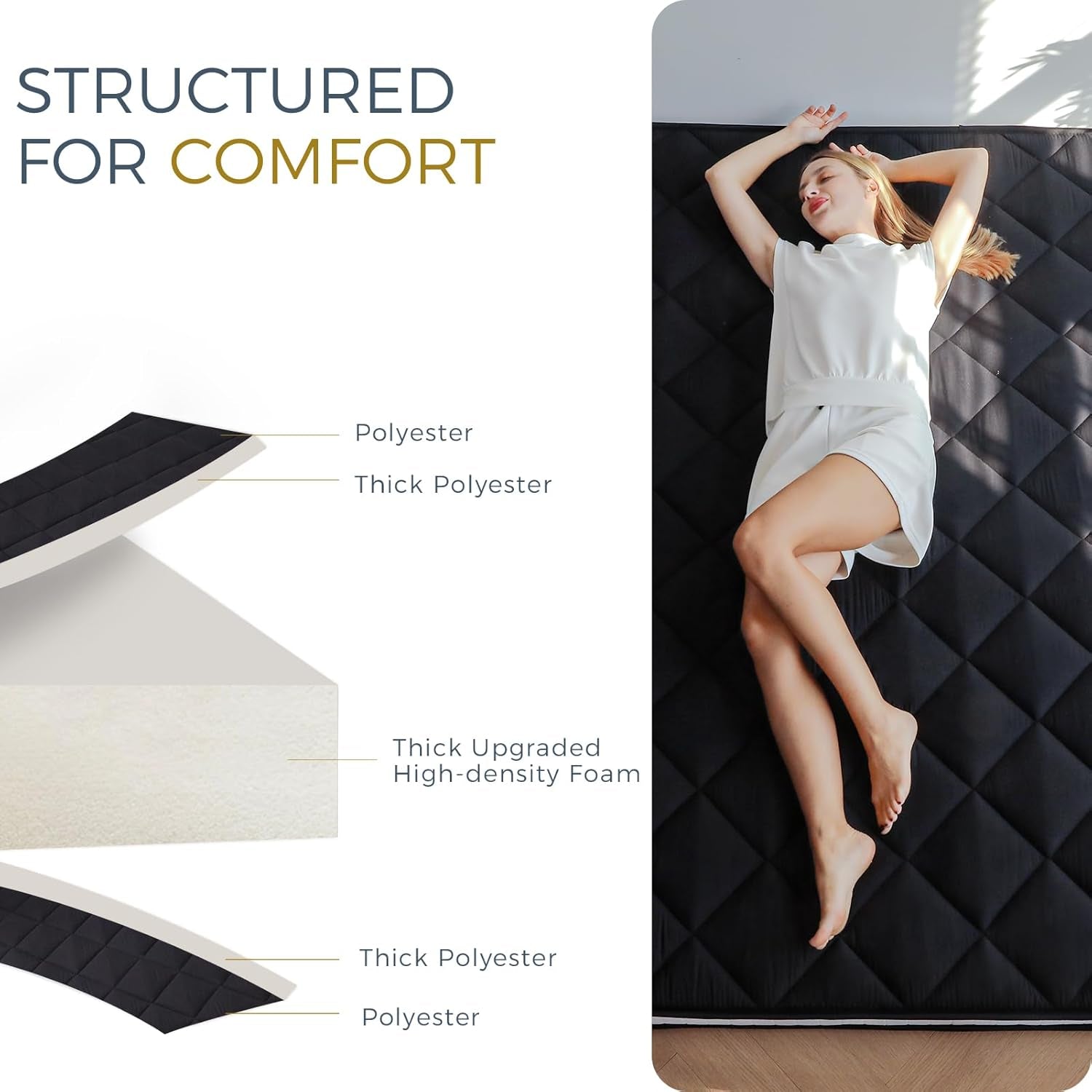 6" Extra Thick Futon Mattress, Queen Size Diamond Pattern Mattress Pad Tatami Pad Japanese Floor Mattress for Adults Guest Mattress, Black