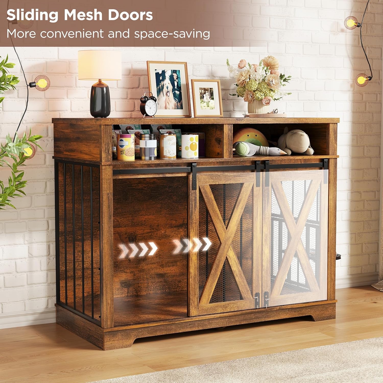47" Large Dog Crate, Wooden Dog Kennel Furniture with Storage & Adjustable Bowl & Sliding Barn Door, Heavy Duty Dog Crates for Large Dogs, Indoor Decorative Dog Cage, Brown