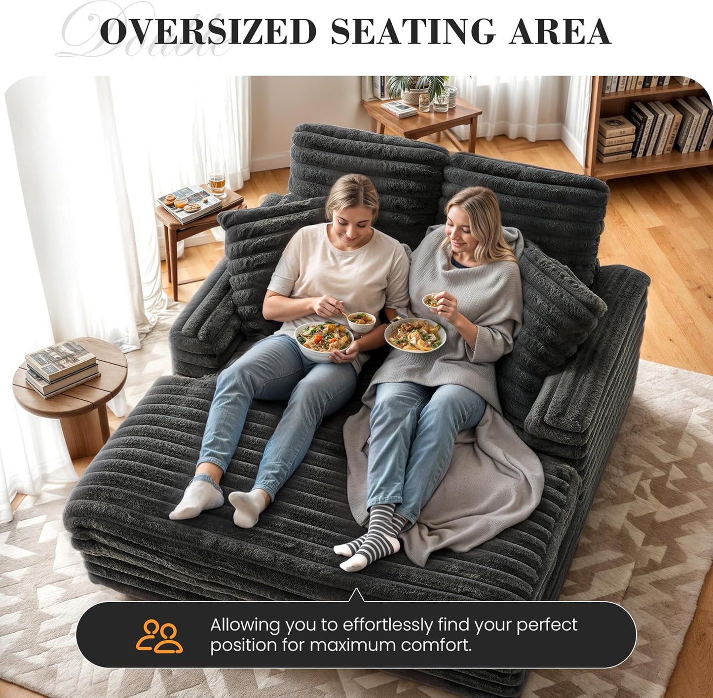 58" Oversized Chaise Lounge Chair, Fluffy Cozy Sleep Couch with 4 Striped Faux Fur Throw Pillow, Modern ‌Full Size Sofa Bed Couch for Living Room, Bedroom, Playroom, Dark Grey