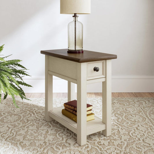Bolanburg Chairside End Table with Charging Station, Two-Tone Wood Accent Table with Drawer Storage, Plank Top Design for Living Room or Bedroom, Antique White
