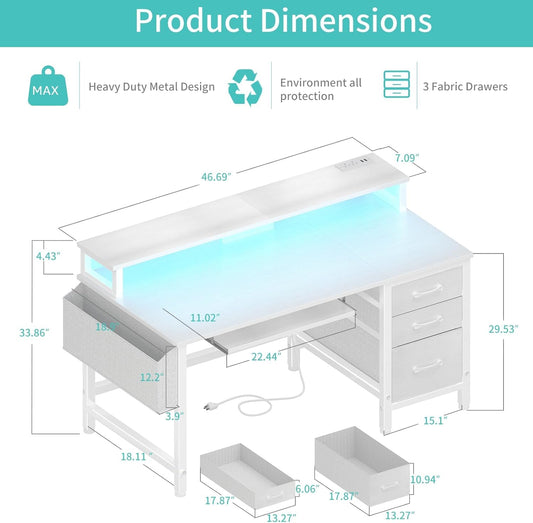 Gaming Desk with LED Lights and Power Outlets, 47 Inch Home Office Desks with Keyboard Tray, White Computer Desk with File Drawers Cabinet, Writing Table PC Desks with Monitor Stand, White