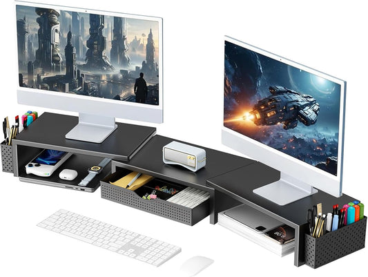 Dual Monitor Stand Riser, Desk Organizer with Drawer and 2 Pen Holders, Computer Monitor Stand, Shelf for Top of Desk, Black
