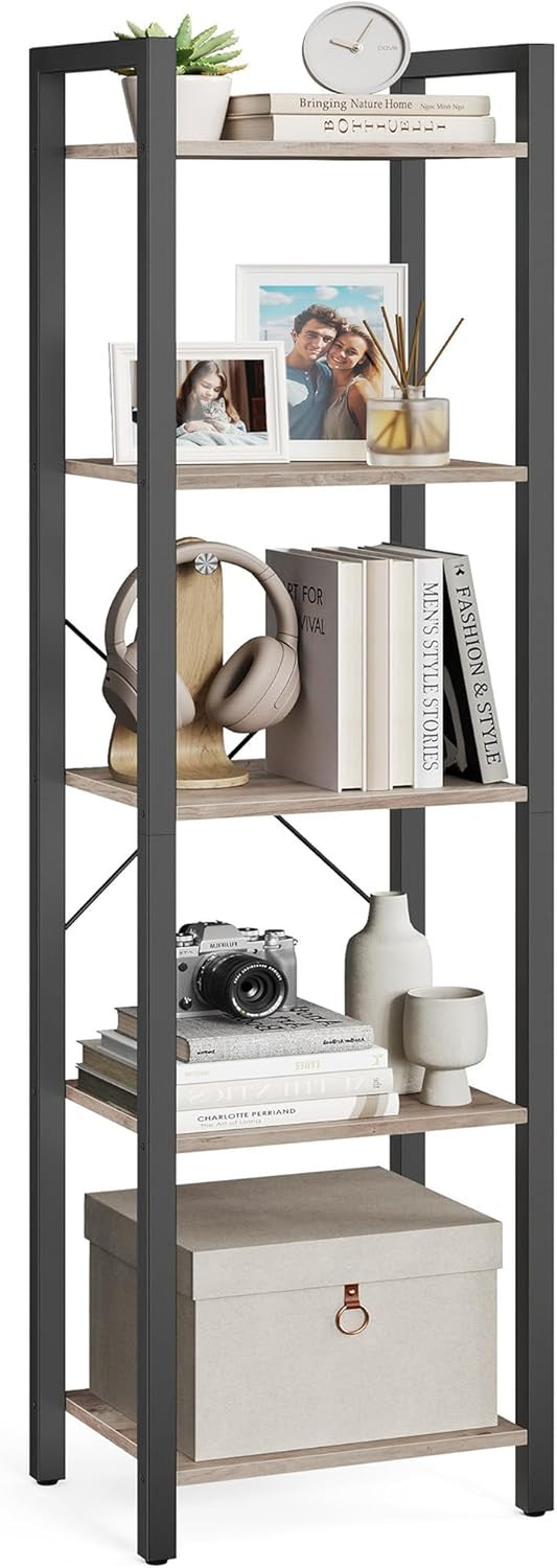 5-Tier Bookshelf, Bookcase with Steel Frame, Book Shelf for Living Room, Home Office, Study, 11.8 X 15.7 X 60.2 Inches, Industrial Style, Heather Greige and Ink Black ULLS100B02