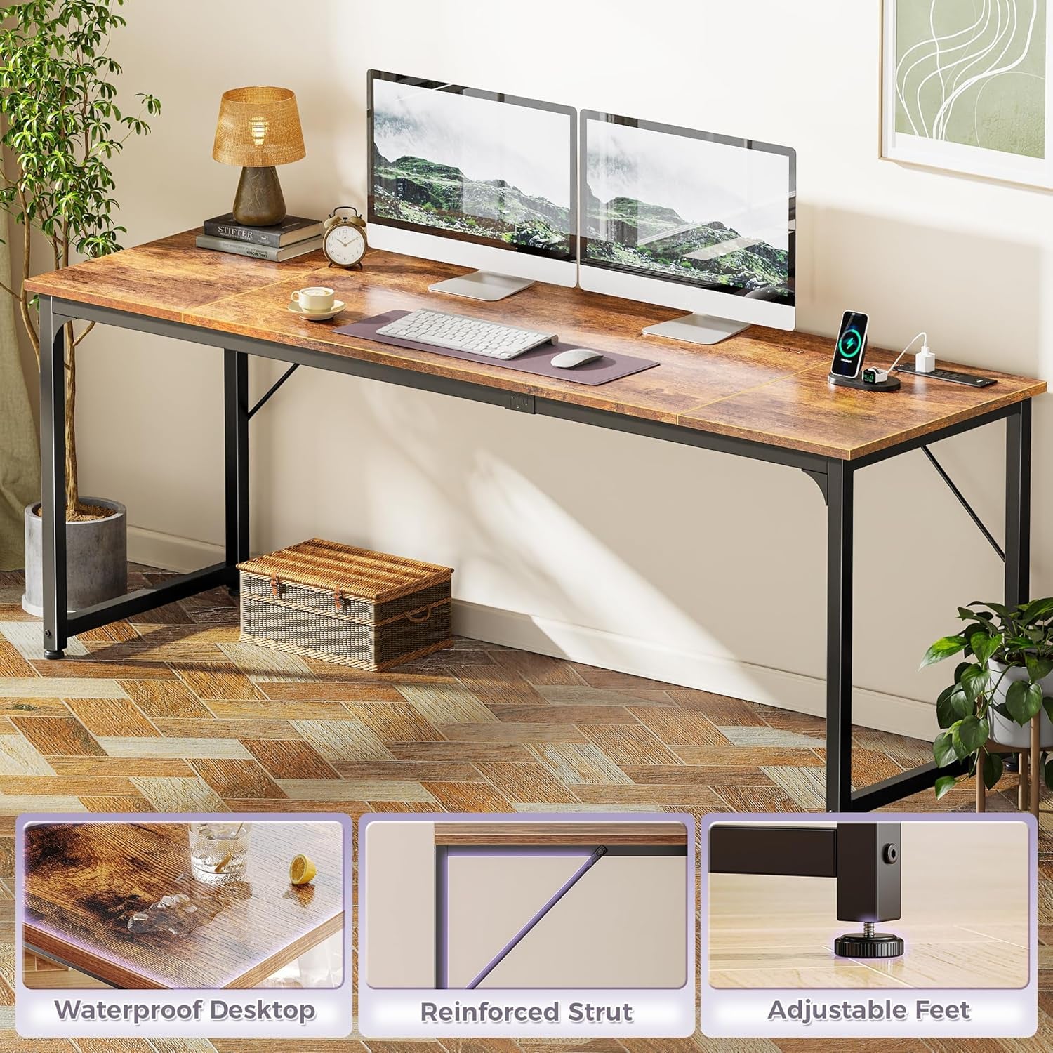 80 X 24 Inch Office Computer Desk with Power Outlets and USB-C Port, Larger and Longer Gaming Desk, for Home Office, Study, Writing Work from Home Table, Metal Frame, Rustic Brown