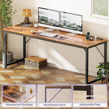 80 X 24 Inch Office Computer Desk with Power Outlets and USB-C Port, Larger and Longer Gaming Desk, for Home Office, Study, Writing Work from Home Table, Metal Frame, Rustic Brown