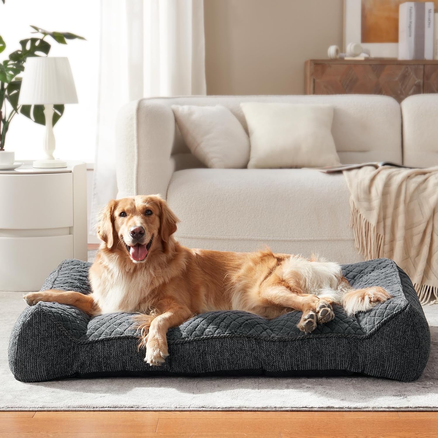 XL Orthopedic Dog Beds Large Sized Dog, Extra Thick Supportive Big Dogs Couch Bed with Sides, Ultra Soft Pet Bed Sofa for Large Dogs, Grey, 42''X30''