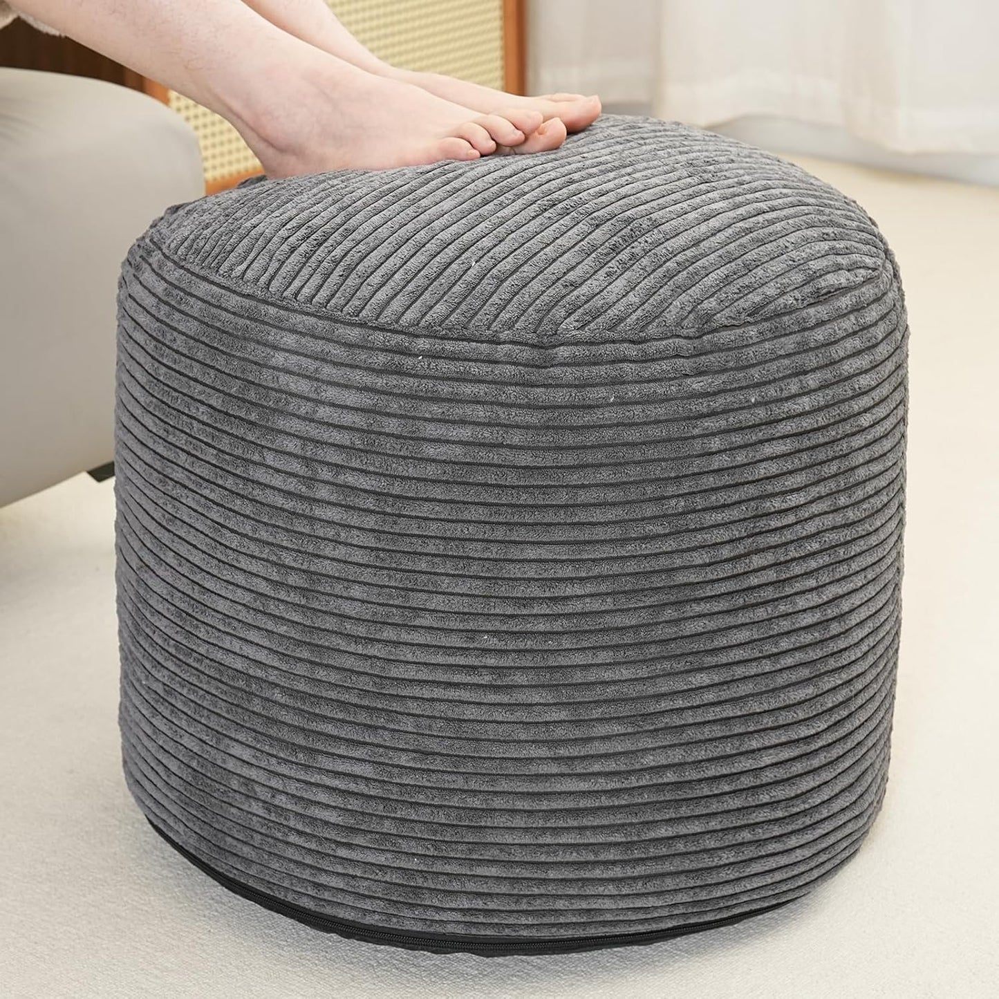 Pouf Ottoman Stuffed round Modern Foam Filled Foot Rest Corduroy Poufs for Living Room Chair Decorative 20 X 15 Inches Fluffy Pouf Foot Stool Storage Ottoman, Dark Grey
