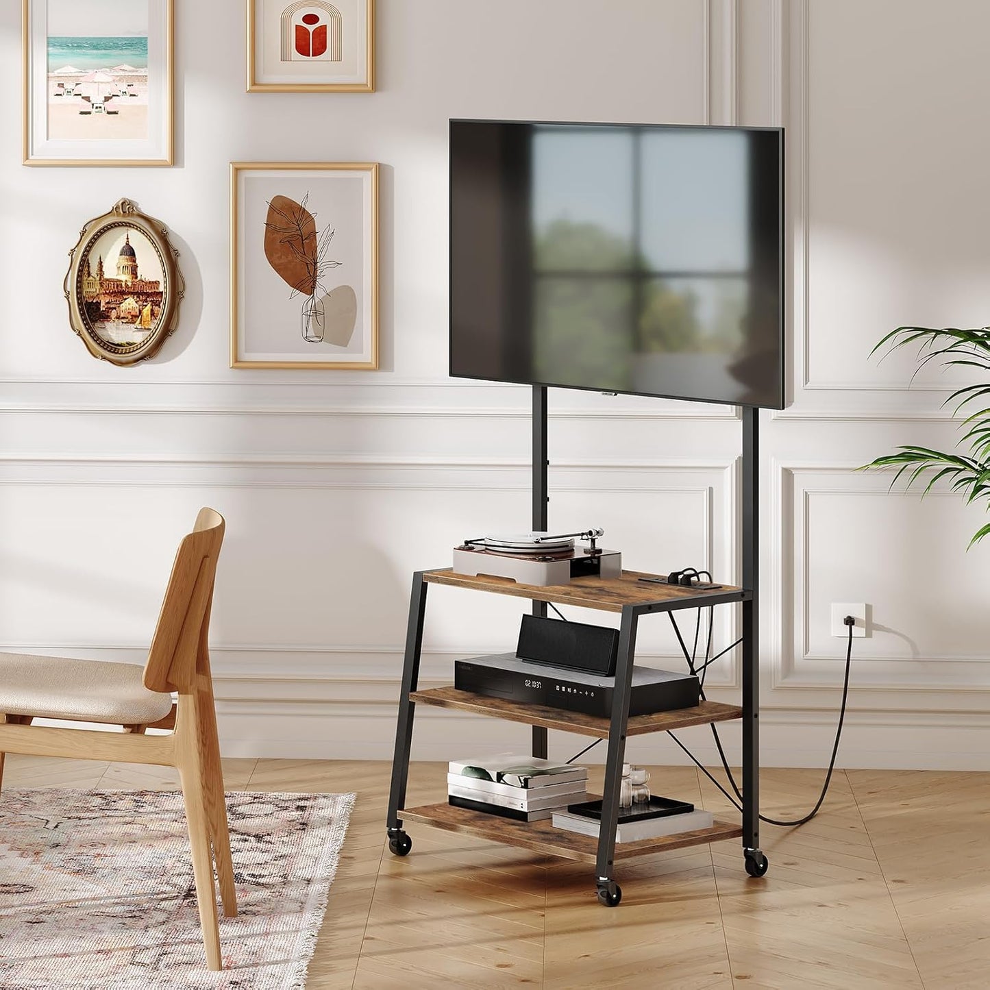 Rolling TV Stand with Mount and Power Outlet up to 55 Inch TV, Corner Entertainment Center, Small TV Stand with 3-Tier Storage Shelves for Living Room, Bedroom, Rustic Brown and Black BF66UDS01