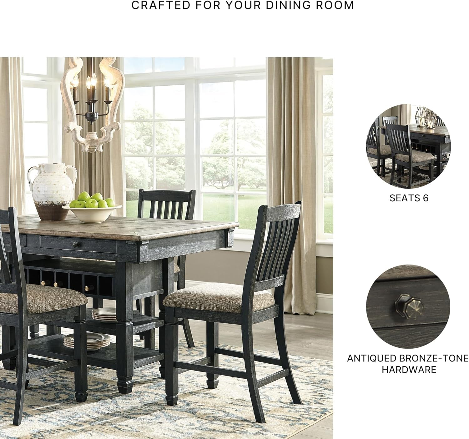 Tyler Creek Farmhouse 36"Counter Height Dining Table with Wine Rack, Amost Black