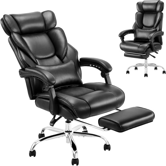 Office Chair with Retractable Footrest, Ergonomic High Back Design Executive Computer Desk Chair with Removable Lumbar Pillow, 90-135°Reclining, Thick Bonded Leather for Home Office Work, Black