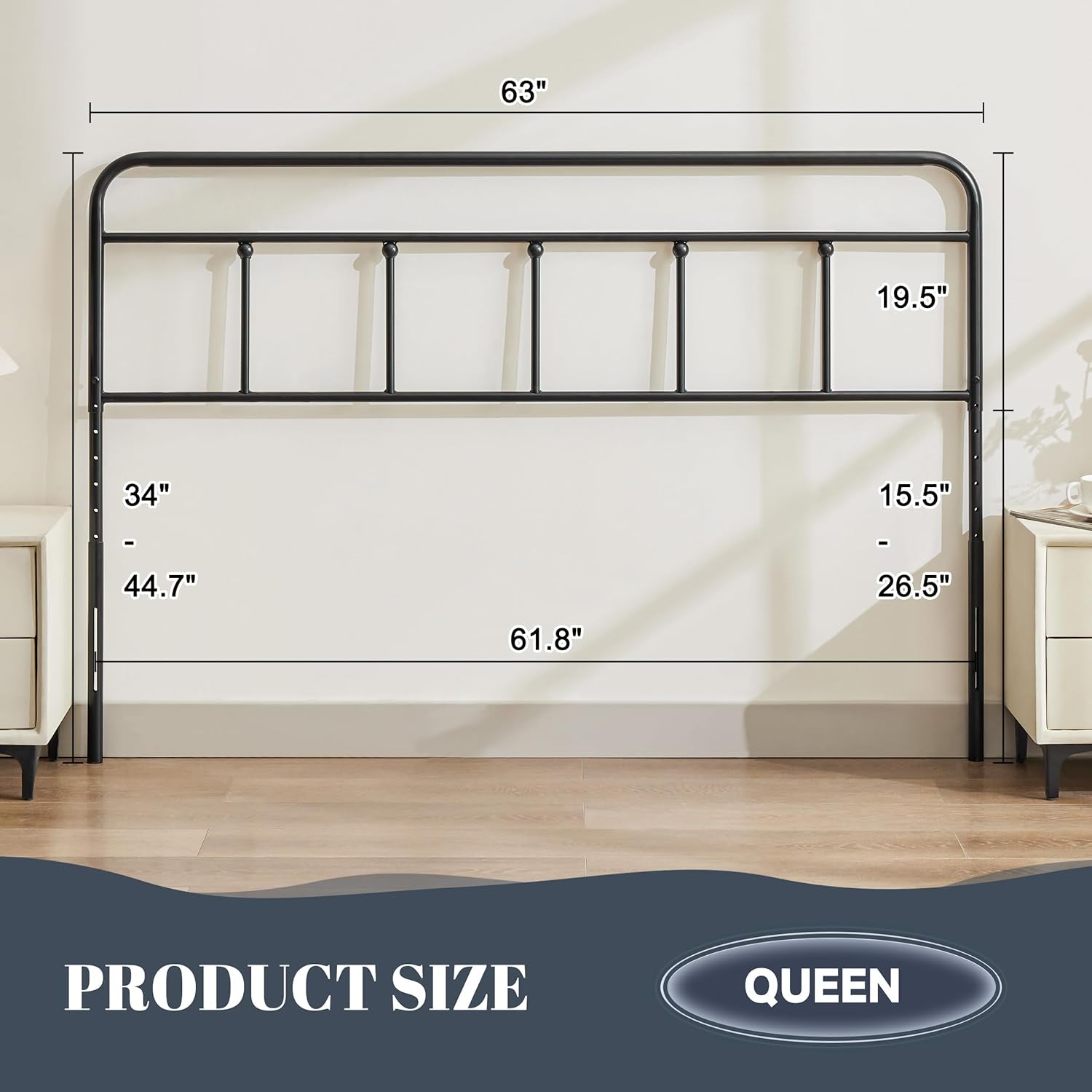 Metal Headboard Queen Size, Sturdy and Durable Iron Queen Headboard Only Adjustable Height from 34” to 44”, Victorian Vintage Bed Headboards, Farmhouse Head Board, Bed Frame Mount Black