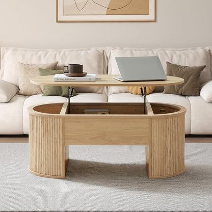 Lift Top Coffee Table, Fluted Coffee Table with Lifting Top, Wooden Lift up Dining Table with Hidden Compartment, Center Table for Living Room, Office - Oak