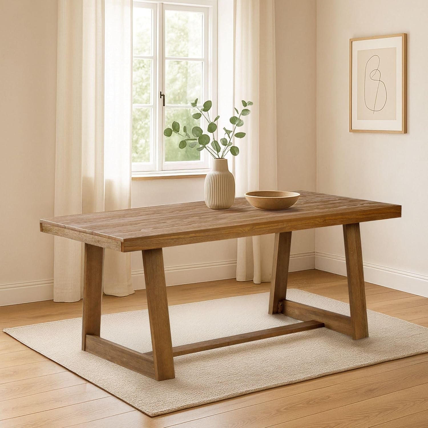72 Inch Farmhouse Dining Table, Solid Wood Rustic Kitchen Table, Large Wooden Rectangular Dinner Table for Dining Room, Home Office, Living Room Furniture, Easy Assembly, Pecan Wirebrush