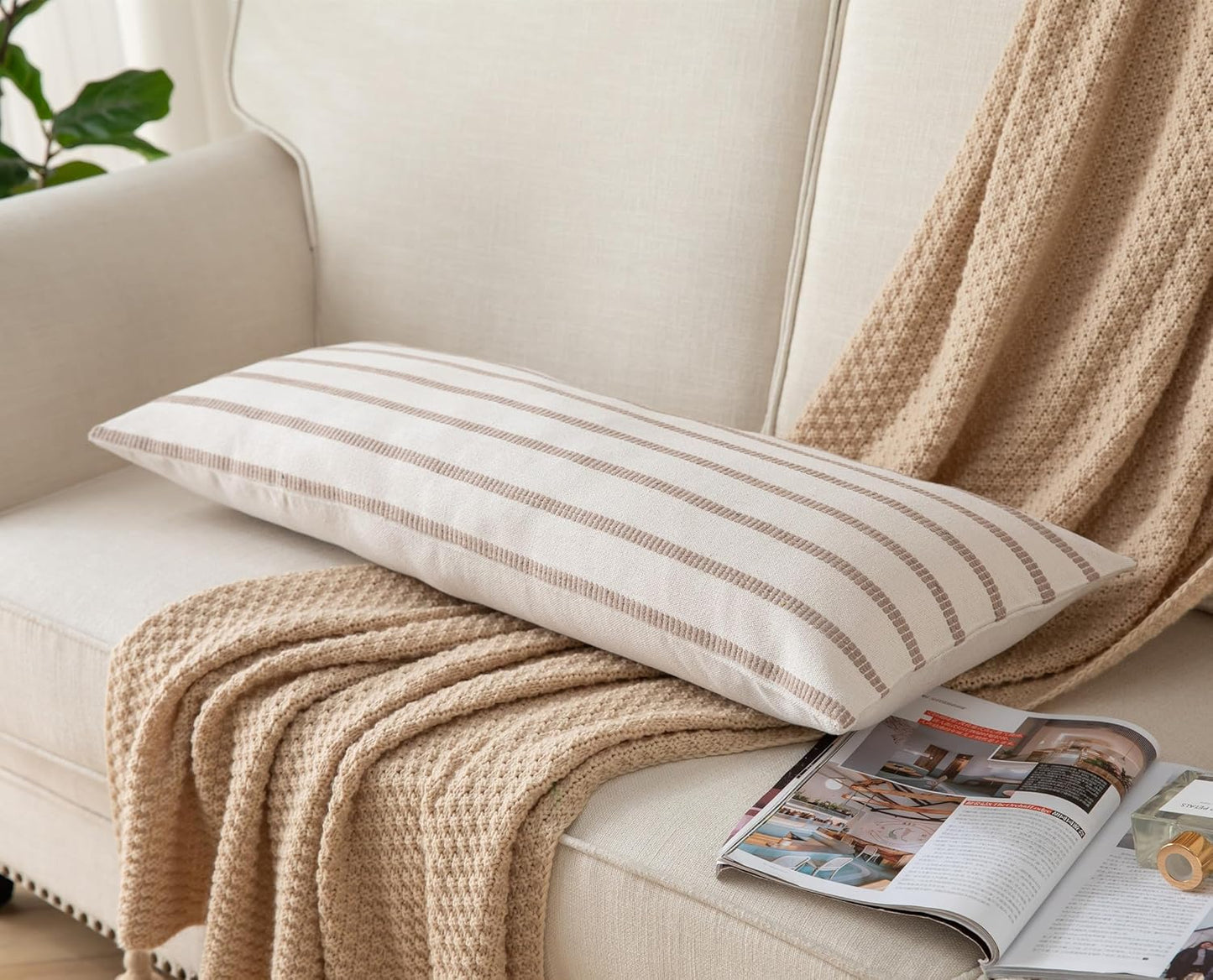Boho Lumbar Throw Pillow Cover 14X36 Long Soft Farmhouse Decorative Couch Pillow Cases Beige Striped Body Pillow Covers Neutral Cushion Covers for Sofa Bed Living Room Home Decor Pack of 1