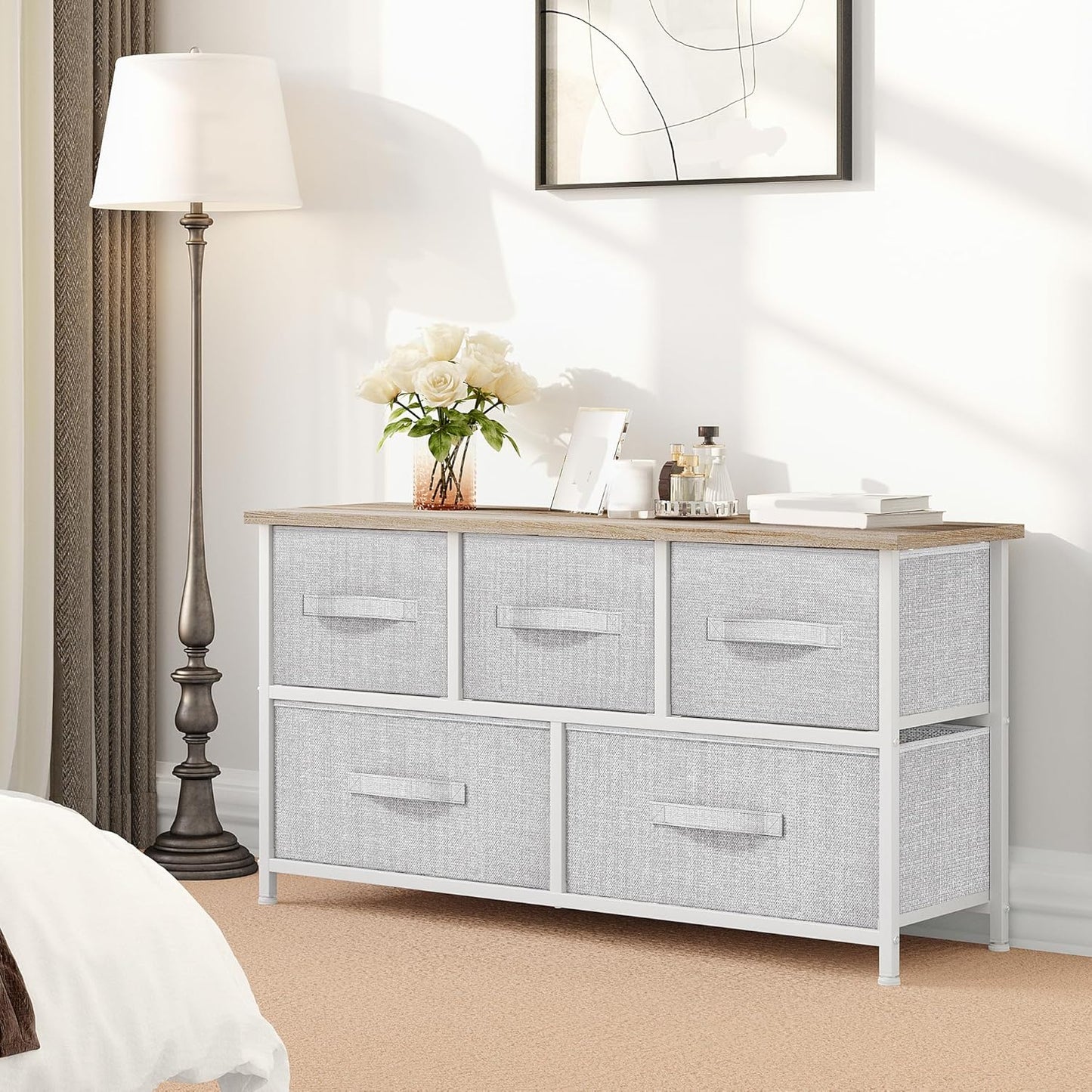 Dresser with 5 Drawers - Fabric Storage Tower, Organizer Unit for Bedroom, Living Room, Closets - Sturdy Steel Frame, Wooden Top