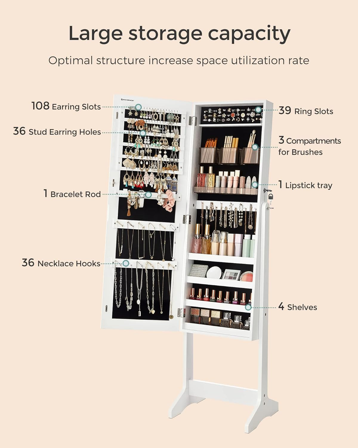 Jewelry Cabinet Armoire, Freestanding Lockable Storage Organizer Unit with 2 Plastic Cosmetic Storage, Full-Length Frameless Mirror, for Necklace Earring, White UJJC002W01