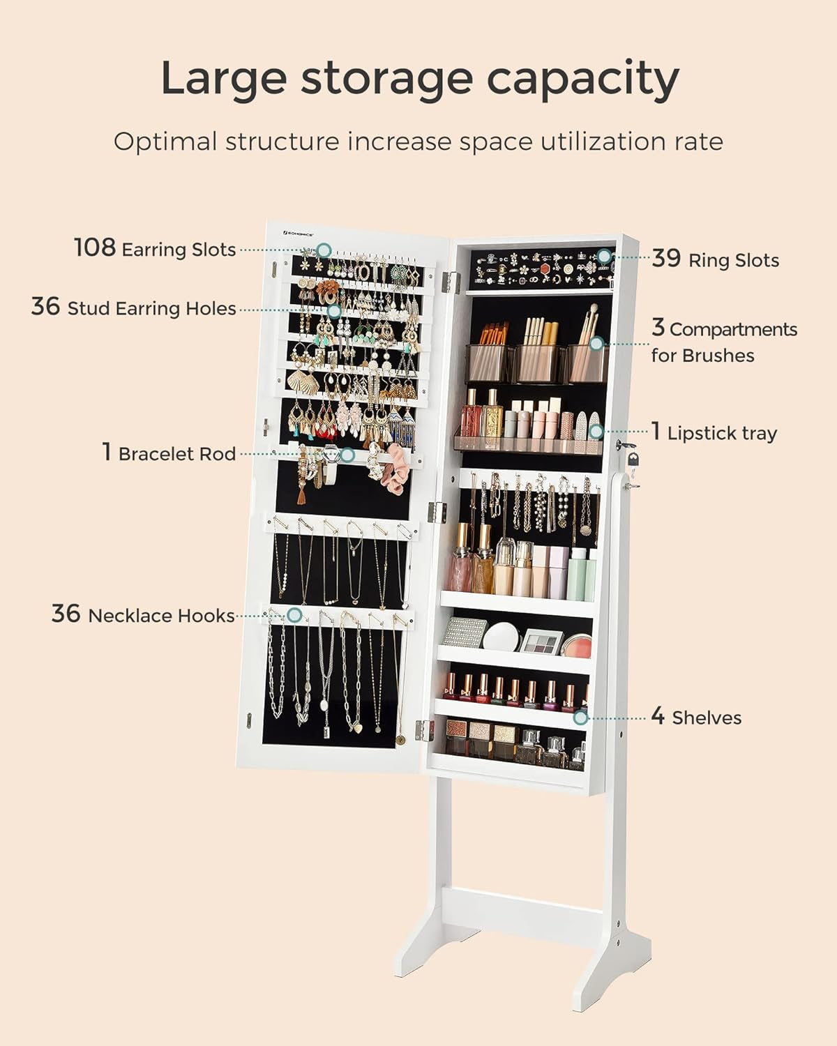 Jewelry Cabinet Armoire, Freestanding Lockable Storage Organizer Unit with 2 Plastic Cosmetic Storage, Full-Length Frameless Mirror, for Necklace Earring, White UJJC002W01