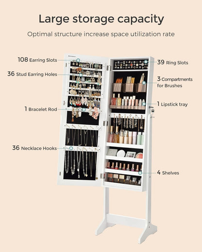 Jewelry Cabinet Armoire, Freestanding Lockable Storage Organizer Unit with 2 Plastic Cosmetic Storage, Full-Length Frameless Mirror, for Necklace Earring, White UJJC002W01