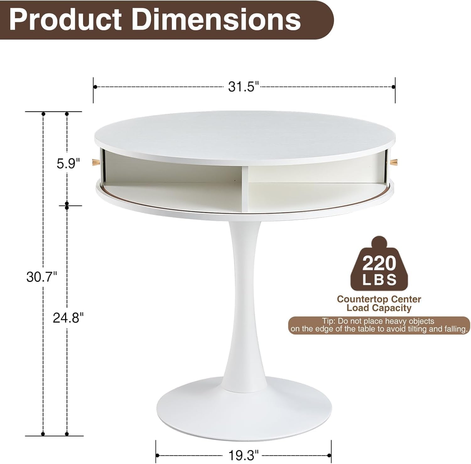 31.5"W round Fluted Pedestal Table for 2 3 4, White Circle Kitchen Dinner Table with Hidden Storage, 31''H Small Tulip Breakfast Desk with Sliding Door, Metal Base for Kitchen, Cafe, Patio, Courtyard