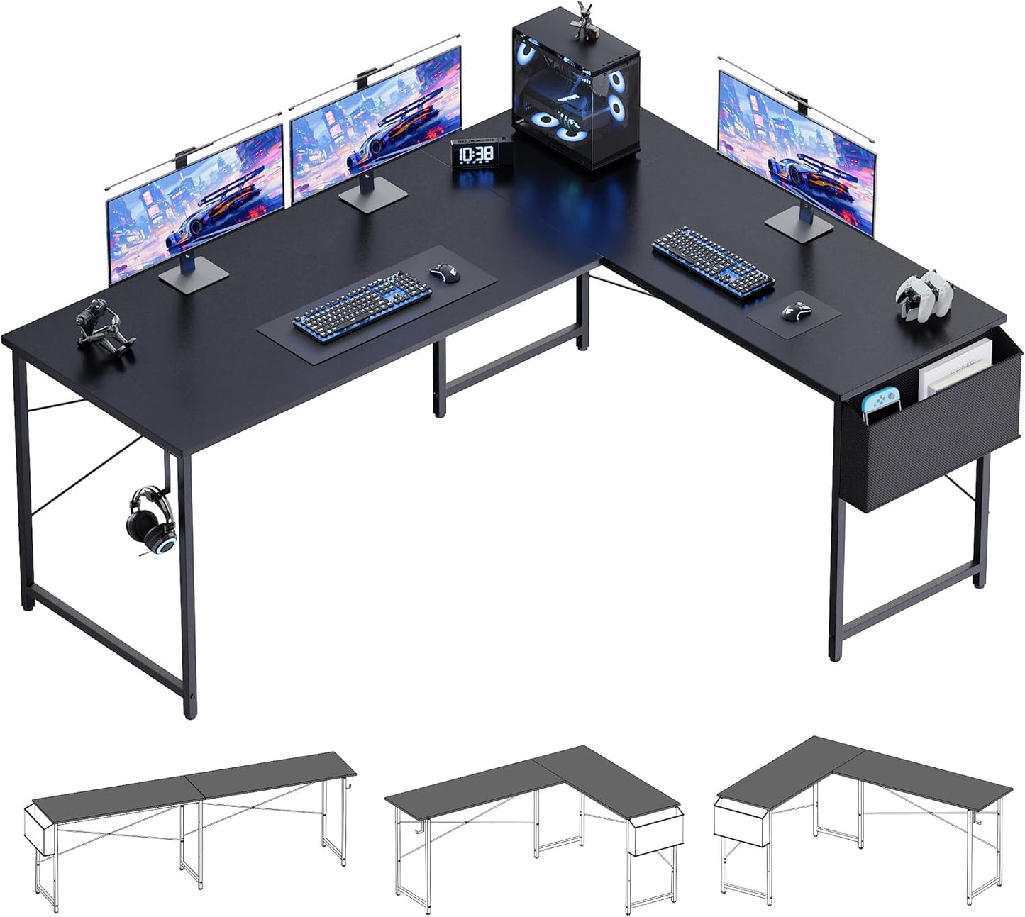 64.5 Inch Reversible L Shaped Gaming Desk Large Corner Computer Desk with Storage Bag Home Office Table for Writing Study Black