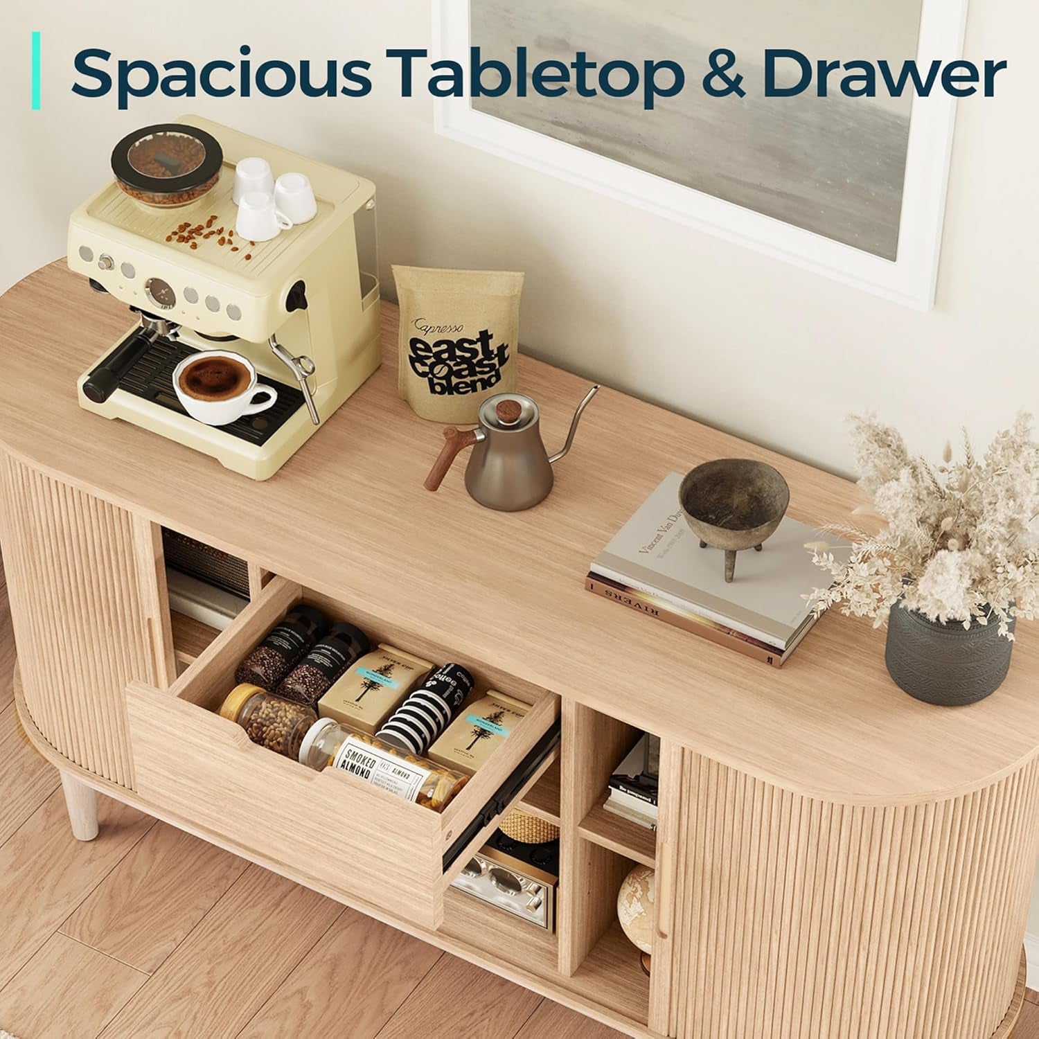 Sideboard Buffet Cabinet with Storage, 55" Fluted Coffee Bar Cabinet with Tambour Sliding Doors and Drawer, Mid Century Modern Wood Storage Buffet Table for Kitchen, Living Room, Oak