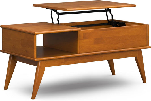 Draper Lift Top Coffee Table - 48 Inch Wide Solid Hardwood Mid-Century Modern Cocktail Table in Teak Brown, Functional Living Room Table with Storage Compartment, Open Shelf and Angled Legs