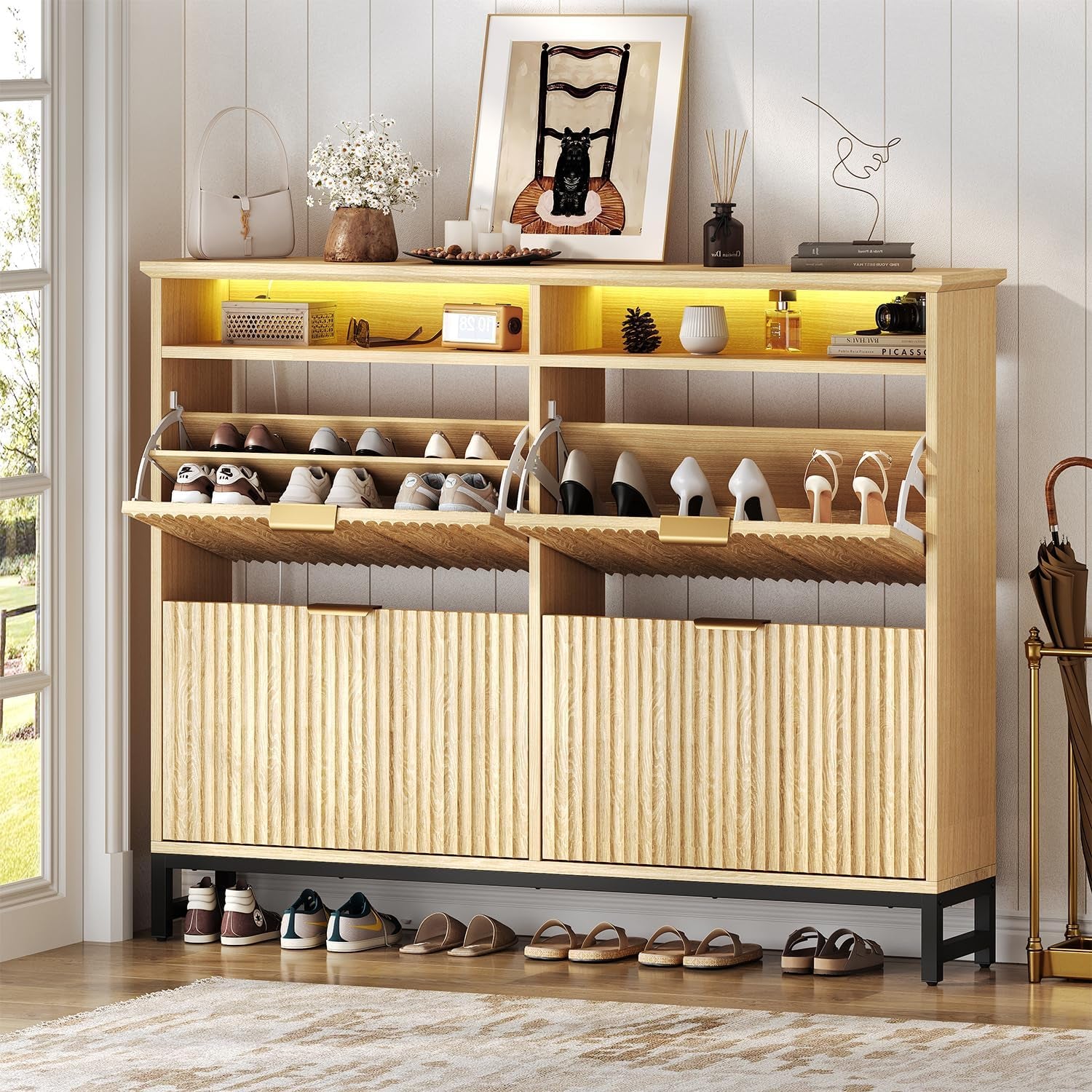 Fluted Shoe Storage Cabinet with 4 Flip Drawers, 47.24" Narrow Shoe Organizer Cabinet with LED Light, Slim Freestanding Shoe Rack Cabinet, Wooden Hidden Shoe Cabinet for Entryway, Hallway(Natural Oak)