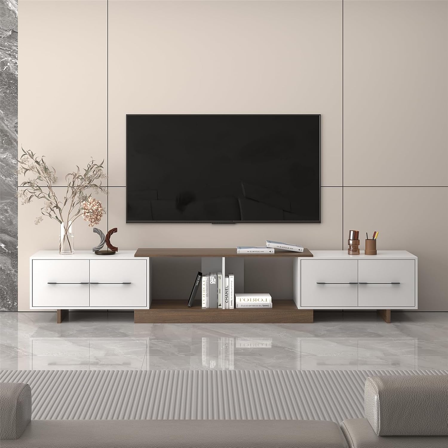 Extendable TV Stand, Modern TV Console for up to 120 Inch TV, Entertainment Center with 4 Large Drawers & Open Shelf, Media Console for Living Room - White & Walnut (Extendable 74.80"-102.36")