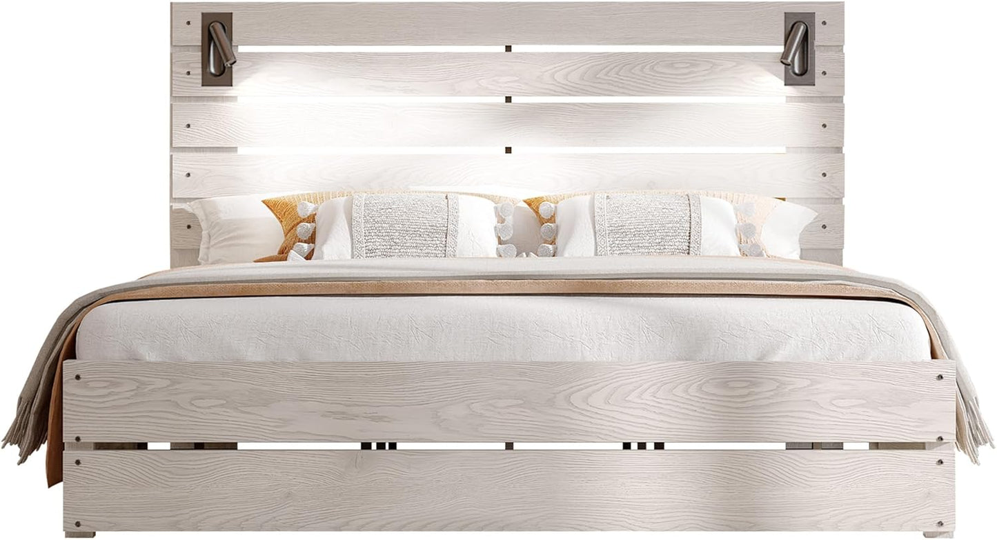 King Size Farmhouse Bed Frame with 51" Headboard, LED Lights, Rustic Wood Look, No Box Spring Needed, Ash White