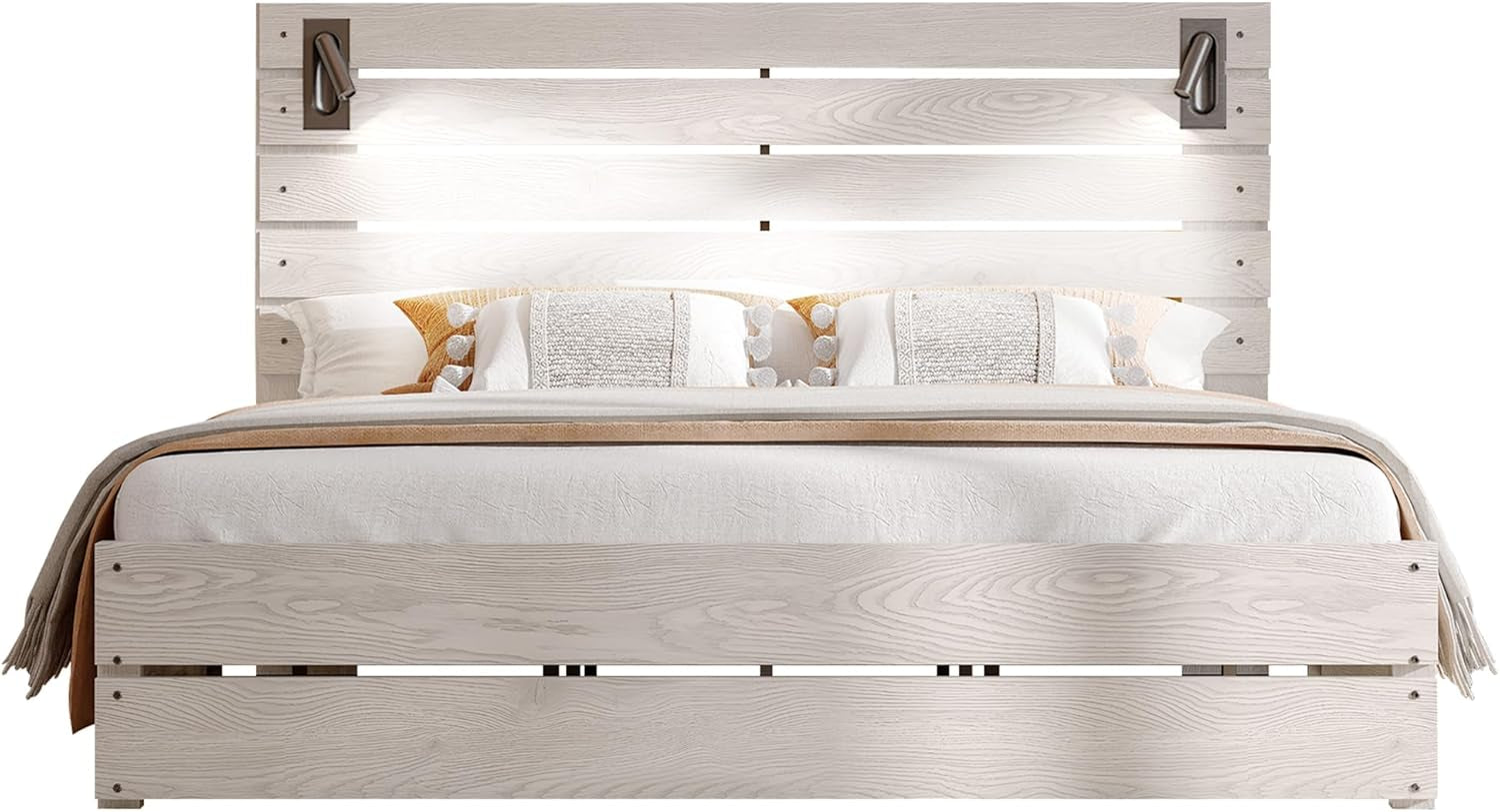 King Size Farmhouse Bed Frame with 51" Headboard, LED Lights, Rustic Wood Look, No Box Spring Needed, Ash White