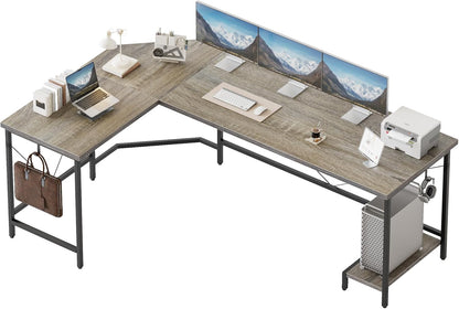 66 Inch Large L Shaped Desk, Simple Corner Gaming Desk with CPU Stand & Hooks, Computer Desk for Home, Bedroom & Office Workspace, Grey